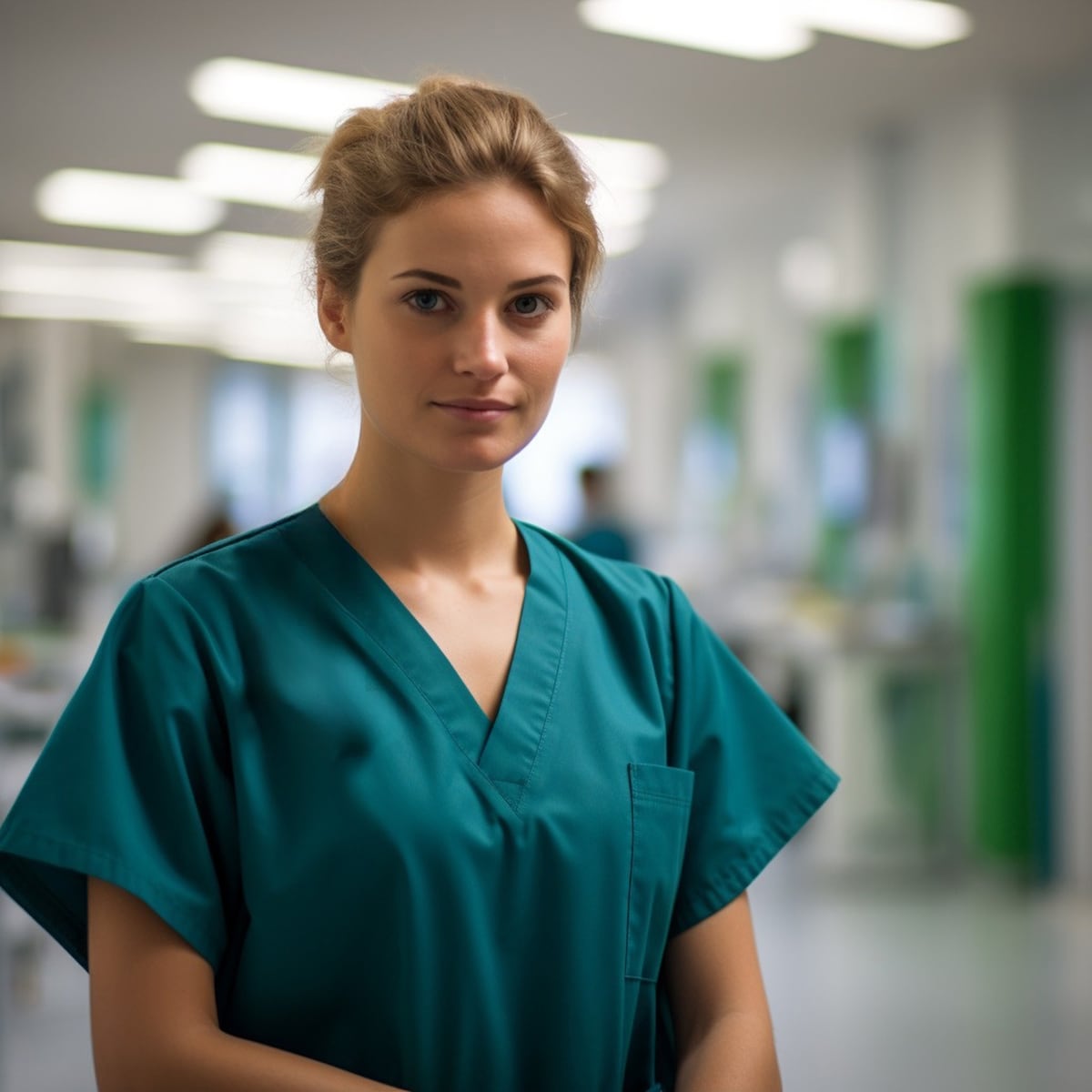 A nurse in scrubs on a hospital ward